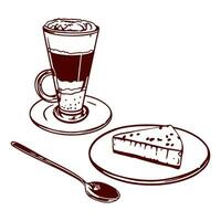 vereist Kaffee, Käsekuchen auf ein Untertasse und Löffel. Vektor Illustration von Essen im Grafik Stil. Design Element zum Menüs von Restaurants, Cafés, Essen Etiketten, Abdeckungen, Karten.