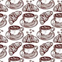 Croissants, Tasse von Kaffee, Kaffee Bohnen. Vektor Illustration von ein nahtlos Muster im Grafik Stil. Design Element zum Menüs von Restaurants, Cafés, Essen Etiketten, Abdeckungen, Verpackung Papier.