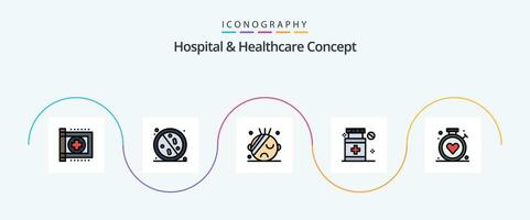 Krankenhaus und Gesundheitswesen Konzept Linie gefüllt eben 5 Symbol Pack einschließlich . Krankenhaus. gesund. Gesundheitspflege. medizinisch vektor