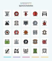 kreativ sporter aktiviteter 25 linje fylld ikon packa sådan som läder boll. cricket boll. spela. sporter. stansning låda vektor