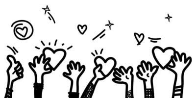 hand dragen av händer upp. händer applåder. begrepp av välgörenhet och donation. ge och dela med sig din kärlek till människor. händer gest på klotter stil. vektor illustration