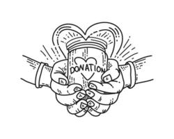 donera handritad. begreppet välgörenhet och donation. händer ger och delar kärlek till människor. händer gest på doodle stil. vektor illustration