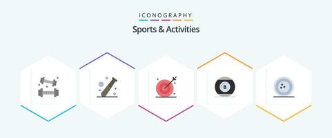 Sport und Aktivitäten 25 eben Symbol Pack einschließlich Liniensymbol. Ball. Fitnessstudio. Schießen Ziel. Volltreffer vektor