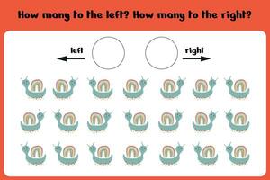Wie viele links und richtig Schnecken. Lernen Blatt zum Kinder zu lernen links und Rechts. das Ergebnis Spiel. Kinder Zählen Spiel. Vektor Illustration
