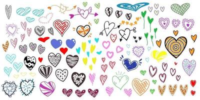 viele handgezeichnete Herzen in verschiedenen Stilen und Farben vektor