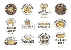 uppsättning av årgång stil bageri affär etiketter, märken, emblem och logotyp. vektor illustration. färgrik grafisk konst med graverat design element. samling av linjär grafisk på vit bakgrund.