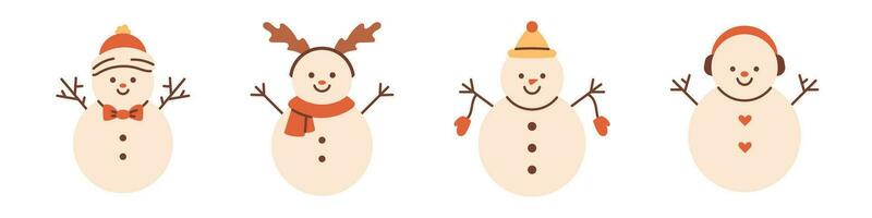 vektor leende snögubbe uppsättning. jul rolig snögubbe tecken. samling av söt vinter- snögubbe bär hatt och scarf.