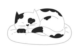 faul entdeckt Katze Schlafen auf Kissen schwarz und Weiß 2d Linie Karikatur Charakter. süß Kätzchen isoliert Vektor Gliederung Tier. komfortabel Haustier. Kitty Verlegung Nieder monochromatisch eben Stelle Illustration