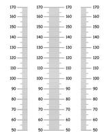 Kinder Höhe Diagramme von 50 zu 170 Zentimeter. Vorlagen einstellen zum Mauer Wachstum Aufkleber isoliert auf ein Weiß Hintergrund. Vektor Illustration. Meter Mauer oder Wachstum Herrscher. einfach Sammlung.