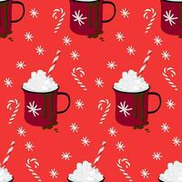 Winter nahtlos Muster mit heiß trinken Becher, Süßigkeiten Stöcke und Schneeflocken. gemütlich kindisch Design auf rot Hintergrund. gut zum Dekoration, Verpackung Papier, Textil, Hintergrund vektor