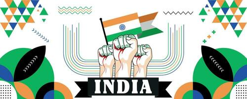 Indien National oder Unabhängigkeit Tag Banner Design zum Land Feier. Flagge von Indien mit angehoben Fäuste. modern retro Design mit abstrakt geometrisch Symbole. Vektor Illustration