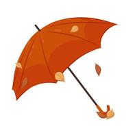 Illustration von ein öffnen Regenschirm auf welche Herbst Blätter sind fallen auf ein Weiß Hintergrund. braun Regenschirm im eben Stil. vektor