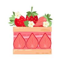 ein Stück von Keks Dessert mit Rosa Sahne und Erdbeere Hälften. Kuchen dekoriert mit reif Erdbeeren Blumen und Blätter. vektor