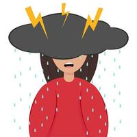 en grå åskmoln hänger över de ledsen flicka, från som den regnar och blixt- blinkar. mental hälsa depression. vektor