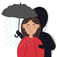 depression, psykologisk stat. en svart silhuett ovan de flicka innehar ett paraply i de form av en grå moln från som den regnar. vektor