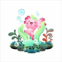 glad axolotl vektor illustration, söt rosa salamander