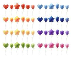 uppsättning av ballonger på isolerat bakgrund. tecknad serie stil av färgrik helium ballonger av annorlunda former. dekor för födelsedagar, högtider, jul, etc. vektor