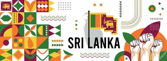 sri Lanka National oder Unabhängigkeit Tag Banner Design zum Land Feier. Flagge und Karte von sri Lanka mit angehoben Fäuste. modern retro Design mit abstrakt geometrisch Symbole. Vektor Illustration.