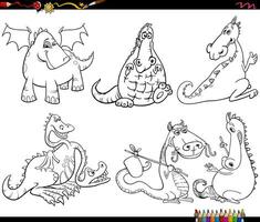 Karikatur Drachen Fantasie Tier Zeichen einstellen Färbung Seite vektor