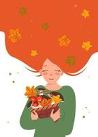 Herbstfrau mit roten Haaren umarmt einen Korb voller Pilz- und Kleeblätter vektor