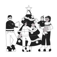 vielfältig Familie Weihnachten Baum dekorieren schwarz und Weiß Karikatur eben Illustration. interracial Familie Urlaub linear 2d Zeichen isoliert. hängend Kugeln Weihnachten monochromatisch Szene Vektor Bild