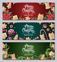 uppsättning av festlig baner med gran grenar, pepparkaka småkakor, godis, julstjärna, järnek. jul bakgrund med pepparkaka. lämplig för hälsning kort, banderoller, affischer, flygblad för ny år vektor