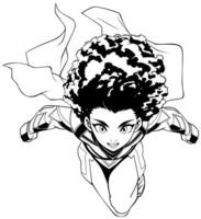 afrikanisch weiblich Superheld fliegend Anime Linie Kunst vektor