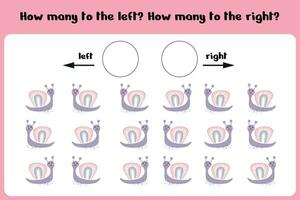 på vilket sätt många vänster och rätt sniglar. inlärning ark för barn till lära sig vänster och höger. de Göra spel. barn räkning spel. vektor illustration mobil