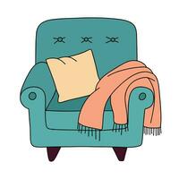 gemütlich Sessel mit Decke und Kissen farbig Umriss. Hand gezeichnet Gekritzel Sessel. Hand gezeichnet Vektor Kunst.