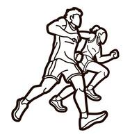 Gliederung Laufen zusammen Läufer Marathon- männlich und weiblich Lauf Aktion Karikatur Sport Grafik Vektor