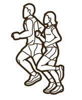 löpning tillsammans maraton löpare manlig och kvinna springa verkan tecknad serie sport grafisk vektor