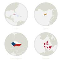 Kuba, Zypern, Tschechisch Republik, Dänemark Karte Kontur und National Flagge im ein Kreis. vektor