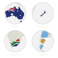 Australien, Neu Neuseeland, Süd Afrika, Argentinien Karte Kontur und National Flagge im ein Kreis. vektor