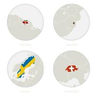Surinam, Swasiland, Schweden, Schweiz Karte Kontur und National Flagge im ein Kreis. vektor