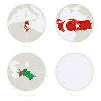 tunisien, Kalkon, turkmenistan, tuvalu Karta kontur och nationell flagga i en cirkel. vektor