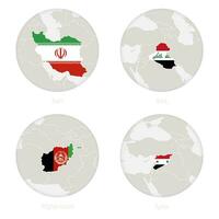 Iran, Irak, Afghanistan, Syrien Karte Kontur und National Flagge im ein Kreis. vektor