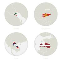 Kuwait, Kirgistan, Laos, Lettland Karte Kontur und National Flagge im ein Kreis. vektor