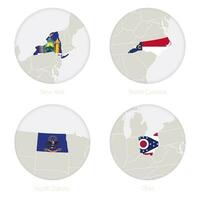Neu York, Norden Carolina, Norden Dakota, Ohio uns Zustände Karte Kontur und National Flagge im ein Kreis. vektor