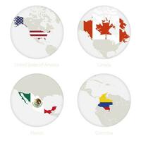 förenad stater av Amerika, Kanada, Mexiko, colombia Karta kontur och nationell flagga i en cirkel. vektor