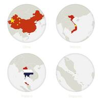 Kina, vietnam, thailand, singapore Karta kontur och nationell flagga i en cirkel. vektor