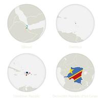 Dschibuti, Dominika, dominikanisch Republik, demokratisch Republik von das Kongo Karte Kontur und National Flagge im ein Kreis. vektor