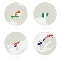 niger, nigeria, norr korea, Norge Karta kontur och nationell flagga i en cirkel. vektor
