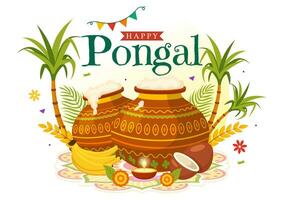 glücklich pongal Vektor Illustration von traditionell Tamil nadu Indien Festival Feier mit Zuckerrohr und Teller von religiös Requisiten im eben Hintergrund