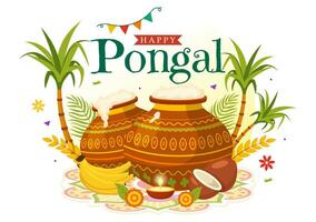 Lycklig pongal vektor illustration av traditionell tamil nadu Indien festival firande med sockerrör och tallrik av religiös rekvisita i platt bakgrund