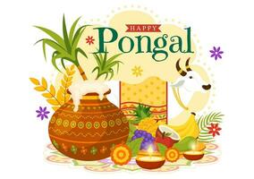 Lycklig pongal vektor illustration av traditionell tamil nadu Indien festival firande med sockerrör och tallrik av religiös rekvisita i platt bakgrund