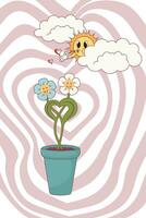 retro Lycklig hjärtans dag. blommor med hjärtformade löv i en blomma pott. retro tecken. hälsning kort, flygblad, inbjudan, affisch. vektor