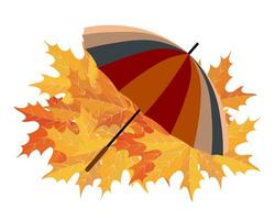 färgrik randig paraply i orange färger på en bakgrund av lönn löv. höst illustration, vykort, vektor