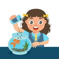 Fröhliches kleines Mädchen füttert einen Fisch in einem Glasaquarium. Haustierpflegekonzept. Abbildung, Vektor