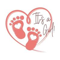 Rosa Herz mit Baby Fußabdrücke und das Inschrift es ist ein Mädchen. Neugeborene Baby Symbol, Symbol, drucken, Postkarte, Vektor