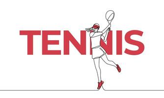 Single kontinuierlich Zeichnung von ein Tennis Spieler. Tennis. farbig Elemente und Titel. einer Linie Vektor Illustration